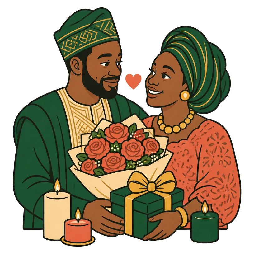 A couple sharing roses and a gift by candlelight