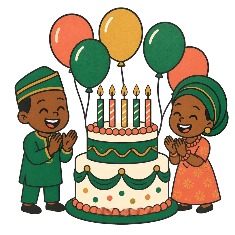 A birthday cake with candles and balloons, two people clapping