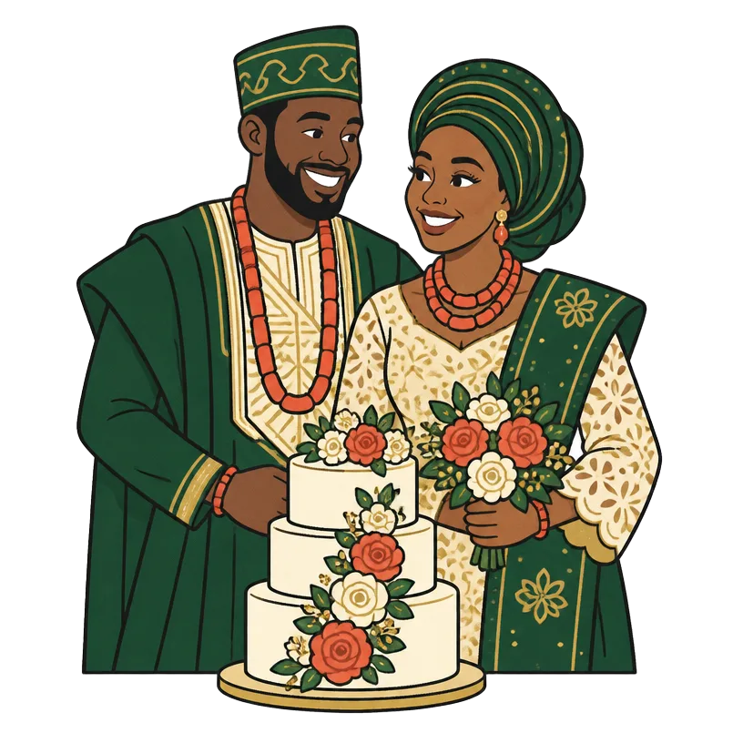 A couple in traditional wedding attire beside a tiered wedding cake