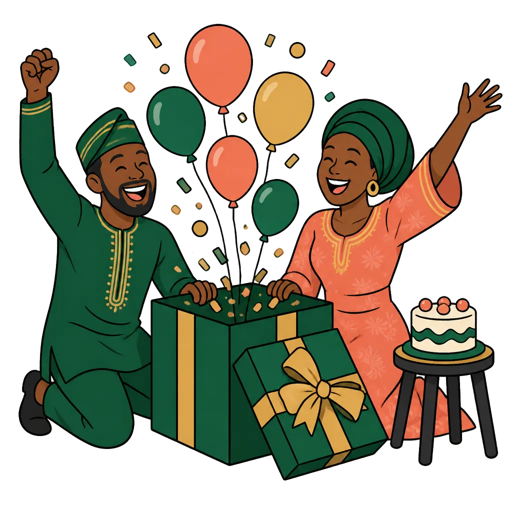 Two friends opening a gift box as balloons and confetti rise