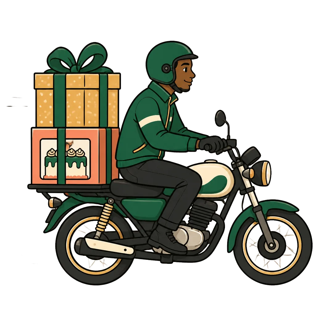 A Pevora rider carrying a celebration package and cake box on a motorbike