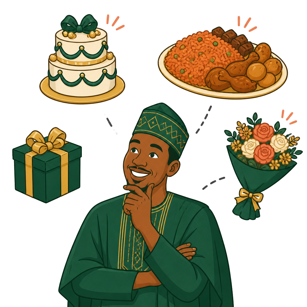 A man choosing between a cake, jollof rice, a gift box and flowers